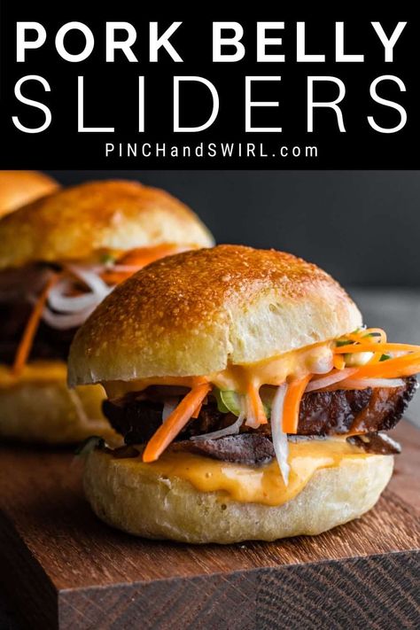 Pork Belly Sliders Asian Sliders, Backyard Bbq Appetizers, Easy Pork Belly, Pork Belly Sliders, Game Day Food Ideas, Game Day Foods, Chashu Pork, Football Foods, Bbq Appetizers