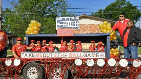 Angels baseball parade float Baseball Themed Parade Floats, Baseball Homecoming Float, Parade Float Seating Ideas, Softball Parade Ideas, Baseball Christmas Parade Float Ideas, Baseball Parade Truck Ideas, Sandlot Parade Float, Baseball Christmas Float Ideas, Softball Christmas Parade Float Ideas