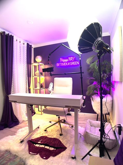 This rooms creates tons of videos for my Youtube channel. It has the perfect lighting & sound treatments. Click the link to get your items too! Youtuber Set Up Room Ideas, Youtuber Office Ideas, Small Content Room Ideas, Vlog Room Setup, Bedroom Podcast Setup, Studio Youtube Room, Office Podcast Studio, Vlogging Room Ideas, Content Room Decor