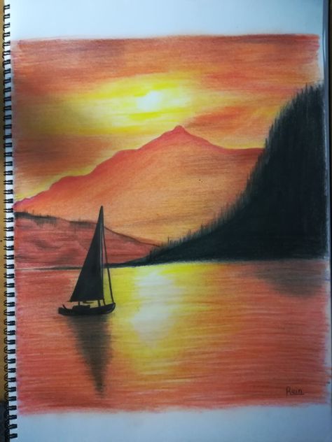 Landscape Paintings With Pencil Colours, Pencil Colour Painting Landscape, Drawing Ideas Landscape Pencil Colour, Colour Pencil Drawing Beginner, Natural Seen Drawing With Colour, Color Pencil Art Sunset, Sketches With Pencil Colours, Best Pencil Colour Drawings, Beginner Color Pencil Drawing