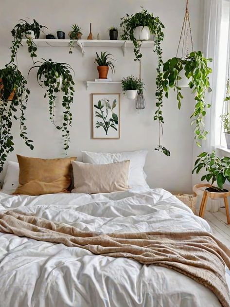 Bedroom with a cozy and relaxing atmosphere. - Design Ideas AI Scandinavian Apartment Decor, Hanging Plants Indoor Bedroom, Scandinavian Bedrooms, Minimalist Dorm, Scandi Bedroom, Plants Hanging, Earthy Bedroom, White Room Decor, Scandinavian Bedroom