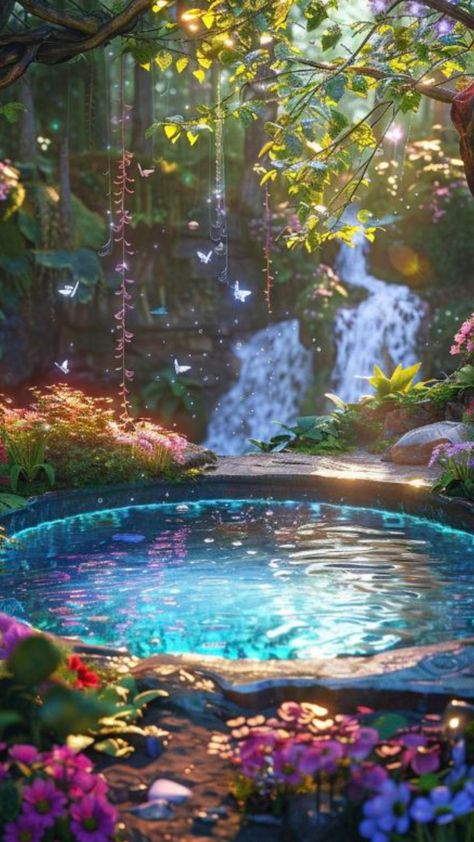 Fairy Waterfall Aesthetic, Magical Door Aesthetic, Magic Pool Fantasy Art, Magical Fairy Garden Aesthetic, Magical Kingdom Aesthetic, Magical Garden Aesthetic, Magic World Aesthetic, Fairy World Aesthetic, Fairy Magic Aesthetic