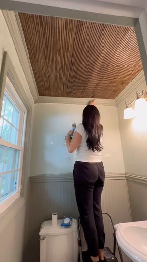 53K views · 8K reactions | This DIY chapter is titled: The girl who put pole wrap on her ceiling 

#diy#bathroomreno#bathroomdecor #bathroomrenovation#powderroomdesign #powderroomrenovation#powderroomrevamp#mom#sahm#momswhodiy | Paige Cesare Pole Wrap On Ceiling, Pole Wrap Ceiling, Basement Pole Cover Ideas, Pole Wrap Ideas, Basement Pole Covers, Bathroom Ceiling Ideas, Basement Poles, Ceiling Diy, Powder Room Renovation