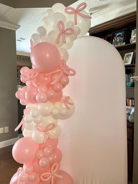 Coquette Decor Ideas, She Tied The Knot Theme, She Tied The Knot Bachelorette Theme, She Tied The Knot Bridal Shower Theme, Pink Bow Decor, Pink Birthday Set Up, She’s Tying The Knot Bow Theme, She's Tying The Knot Bridal Shower Theme, Bow Balloon Arch