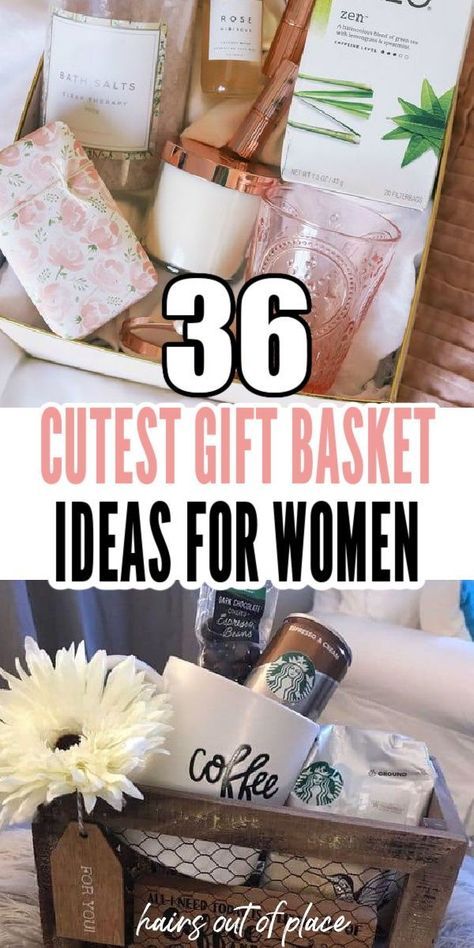 These 36 gifts baskets make the CUTEST gift basket ideas for women! Are you looking for an, clever and thoughtful gift idea for mom, a friend, or a girlfriend? These are the best gift basket ideas for her and perfect for several different occasions. Friend Gift Basket Ideas Birthday, Fall Gift Basket For Girlfriend, Making Gift Baskets Ideas, Best Gift Baskets For Auction, Walmart Gift Basket Ideas, Gift Basket For Pastor And Wife, Fun Gift Box Ideas, Diy Candle Gift Basket Ideas, Spa Auction Basket Ideas