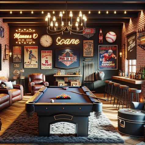 Game Room Basement Luxury, Rustic Games Room, Playroom Pool Table, Pool Table Interior Design, Movie Man Cave, Game Room Den Ideas, Man Cave Brick Wall, Games Room Garage, Home Bar And Games Room