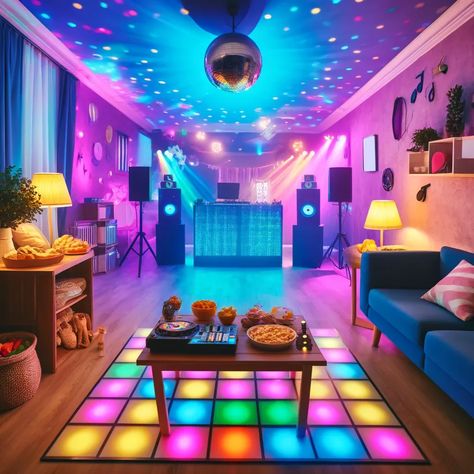 Bring the energy with a vibrant house party setup! 🎉💡 DJ booth, colorful lights, and a dance floor ready to go. What’s your must-have party snack?  #HouseParty #DJBooth #PartyVibes #ColorfulLights #DanceFloor #PartySetup #HomeEntertaining #FunWithFriends #HomeDecor #PartyEquipment #AIImages #ArtificialIntelligence #photography #love #art #fashion #music #instagood #photooftheday #reels Party Room In House, Party Room Design, Party Room Ideas, Dj House, Dj Room, Party Setup, Party Snack, Dirty 30, Party Room