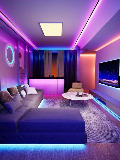 Rgb Lighting Ideas Living Room, Miami Vice Furniture, Led Light Gaming Room, Rgb Living Room, Living Room Designs Led Lights, Rgb Room Ideas, Rope Lights Living Room, Gaming Room Lights, Rgb Lighting Ideas Bedroom