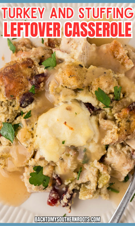 Turkey and stuffing leftovers on a plate. Thanksgiving Leftover Containers, Thanksgiving Leftover Casserole Recipes, Turkey Casserole Recipes Leftover Easy, Smoked Turkey Recipes Leftover, Turkey Casserole With Stuffing, Leftover Turkey Casserole Recipes, Left Over Thanksgiving Turkey Ideas, Turkey And Dressing Casserole, Leftover Thanksgiving Casserole