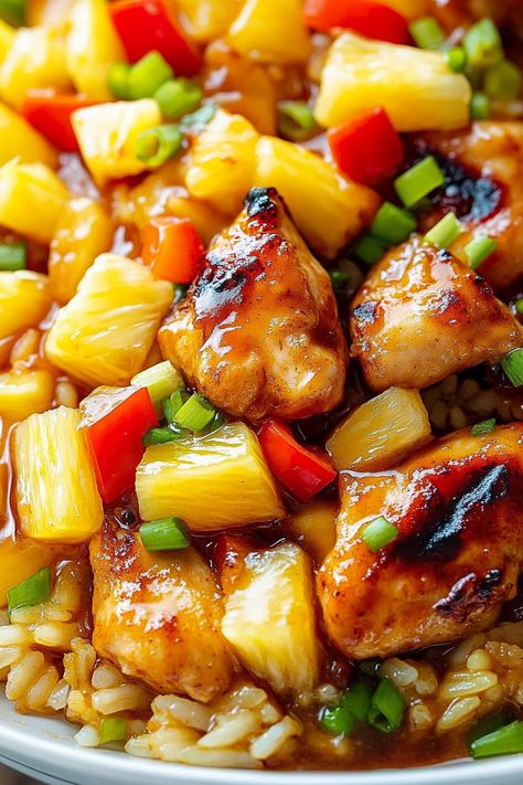 pineapple chicken and rice Teriyaki Chicken And Pineapple Rice, Chicken Fried Rice With Pineapple, Chicken Thigh Recipes With Pineapple, Pineapple Chicken And Rice Healthy, Pineapple Asian Chicken, Chinese Food Meal Prep, Recipes With Frozen Popcorn Chicken, Chicken Rice Stir Fry Recipes, Chicken And Peppers Over Rice