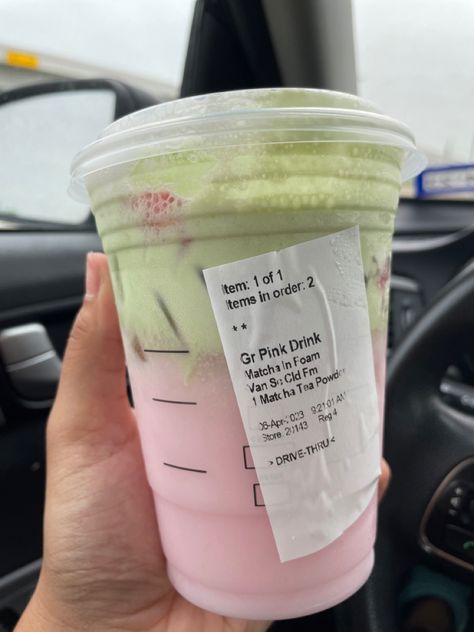 Starbucks pink drink with matcha cold foam Matcha And Pink Drink, Starbucks Drinks With Matcha Foam, Pink And Green Starbucks Drink, Matcha Foam Starbucks, Starbucks Drinks Pink Drink Matcha, Starbucks Recipes 2023, Pink Drinks From Starbucks, Pink Drink Matcha Foam, Starbucks Pink Drink With Cold Foam