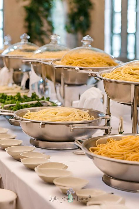 Treat your wedding guests to a gourmet pasta station. It's an elegant yet budget-friendly dining option everyone will love. Pasta Wedding Buffet, Cheap Wedding Food Ideas, Italian Wedding Foods, Cheap Wedding Food, Pasta Station, Pasta Buffet, Wedding Catering Ideas, Wedding Food Bars, Wedding Food Ideas