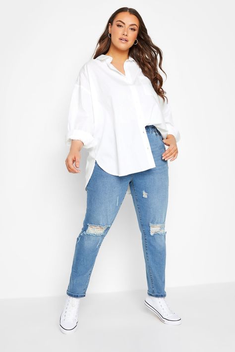 YOURS Plus Size White Poplin Oversized Shirt | Yours Clothing White Button Up Shirt Outfit Plus Size, Plus Size White Button Down Shirt Outfit, White Oversized Shirt Outfit, White Long Sleeve Shirt Outfit, Long Sleeve Shirt Outfits, Oversized Shirt Outfit, White Shirt And Blue Jeans, Oversized Poplin Shirt, Outing Outfit