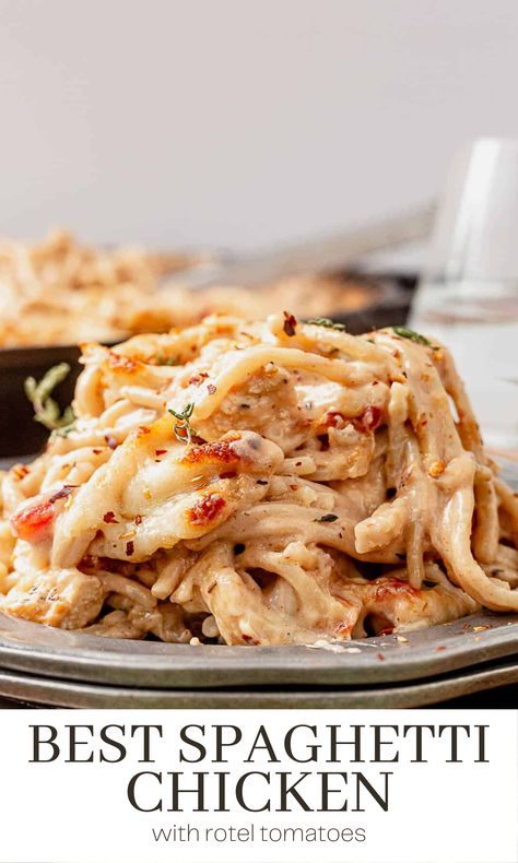 This spaghetti chicken recipe is a hearty dish featuring al dente cooked pasta and tender chicken seared in herbs, covered in a smooth and creamy sauce, and topped with melted cheese. It's the ultimate comfort food that will easily become a family favorite. Chicken Spaghetti Recipe No Canned Soup, Healthier Chicken Spaghetti, Leftover Rotessire Chicken Recipes Dinners, Chicken Spaghetti Without Rotel, Rotisserie Chicken Spaghetti Recipe, Chicken Cream Cheese Spaghetti, Chicken Spaghetti Cream Cheese, Canned Chicken Spaghetti Recipes, Ultimate Chicken Spaghetti