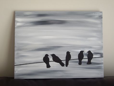 Bird silhouette acrylic painting on canvas, grey, black, white, and silver Black And White Canvas Painting Ideas, Acrylic Black And White Painting Ideas, Grey Canvas Painting Ideas, Grey Painting Ideas On Canvas, Office Canvas, Black And White Birds, Silhouette Canvas, White Canvas Art, Silhouette Drawing