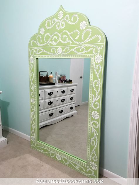 DIY Hand Painted Framed Full-Length Mirror Fabric Mirror Frame, Hand Painted Mirror Frame, Painted Mirror Frame, French Country Dining Room Table, Country Dining Room Table, Dining Room Table Decor Ideas, Studio Remodel, Hand Painted Mirror, Painting Mirror Frames