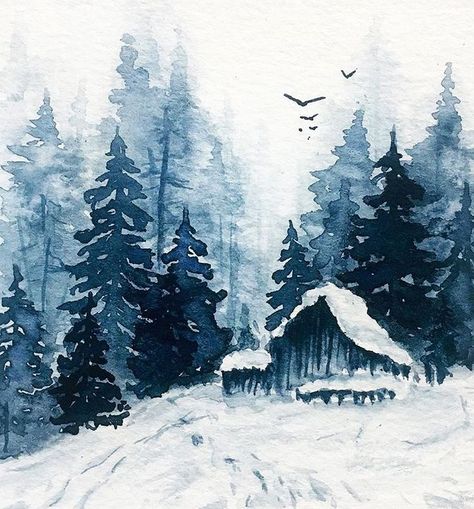 Nadine Watercolor Artist (@nadine_watercolor) • Instagram photos and videos Paintings Of Snow, Snow Landscape Watercolor, Winter Forest Landscape, Tree With Snow Painting, Winter Art Watercolor, Winter Forest Watercolor, Winter Forest Art, Watercolor Winter Landscape, Snow Drawing