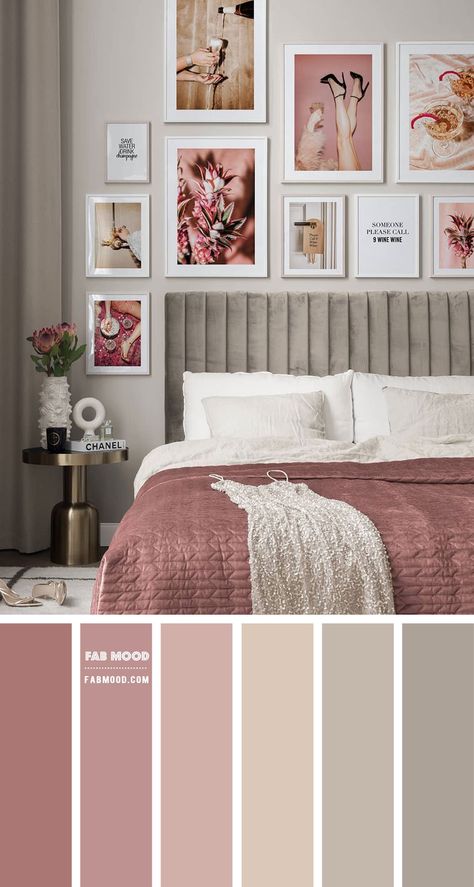 Cinnamon Rose and Metal Colour Scheme For Bedroom. Rosey pink bedroom, metal bedroom, grey and rosey pink bedroom decor, feminine bedroom Colour Palette Room Bedrooms, Dust Rose Bedroom Ideas, Blush Rose Bedroom, Calm Pink Bedroom Ideas, Woodrose Bedroom, Beige Gray And Pink Bedroom, Greige And Pink Bedroom, Pink Bedroom Colour Schemes, Pink Colour Scheme Bedroom