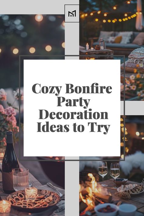 Create an inviting atmosphere for your bonfire party with cozy decorations that enhance the warmth of the flames. Set up blankets, cushions, and rustic wooden benches around the fire pit for comfortable seating. Hang string lights and lanterns from nearby trees, and scatter flameless candles on tables for a magical glow. Add touches of autumn foliage and seasonal flowers to complete the cozy ambiance. Bonfire Decorations Party Ideas, Indoor Bonfire Party Ideas, Chili Bonfire Party, Bon Fire Party Ideas For Adults, Teenage Bonfire Party Ideas, Winter Campfire Party, Bonfire Themed Birthday Party, Comfy Cozy Party Theme, Bonfire Christmas Party