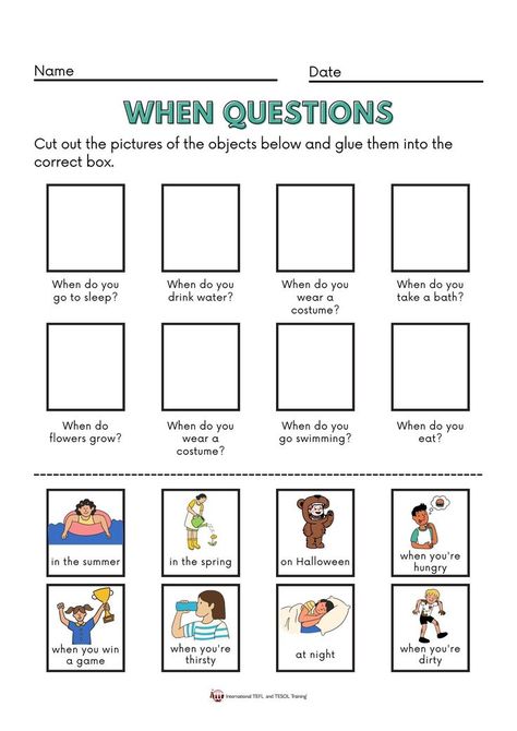 This is a fun worksheet to practice when questions. Students cut out the pictures of the objects below and glue them into the correct box. When Worksheet, What Are You Good At Worksheet, Who What Where When Why How Activities, What When Where Worksheet, Who Do I Want To Be Worksheet, Esl Who What When Where Why, Abc Order Worksheet, Spring Word Search, Snowman Writing