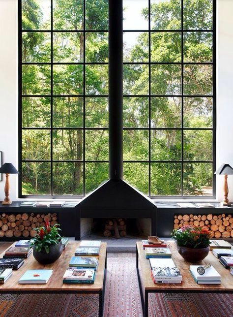 Fireplace in front of large window Design Camino, Minimalist Fireplace, Steel Windows, Big Windows, Modern Fireplace, Wood Interiors, Trendy Home, Fireplace Design, Style At Home