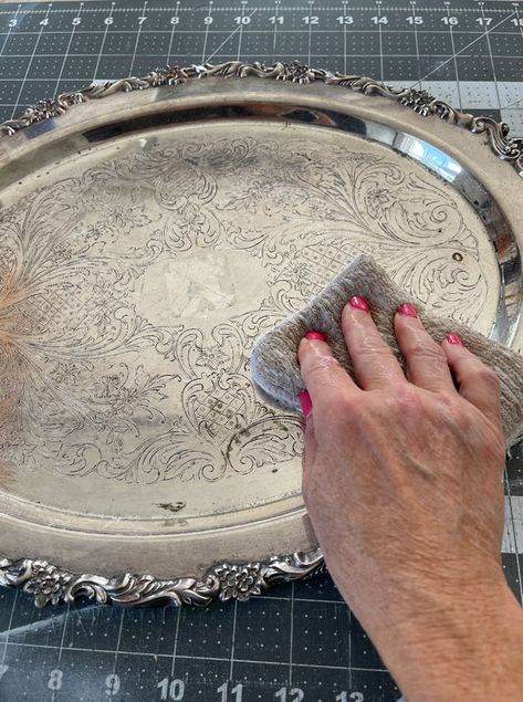 Decorating Silver Trays, Silver Tray Display Ideas, How To Display Silver Tea Service, Silver Tray Crafts, Silver Platter Centerpiece, Antique Silver Tray Decor Ideas, Painting Silver Trays With Chalk Paint, Silver Plated Tea Set Repurpose, Paint Silver Plated Tray