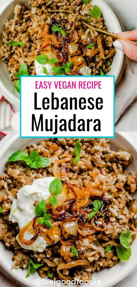 Mujadara is a traditional Middle Eastern recipe that's made with three ingredients: lentils, rice and onions. It's inexpensive to make, delicious & nutritious | Lebanese Food | Arabic recipes | Vegan | Vegetarian | #mujadara #lebanesefood #arabicfood #simplerecipes #dinnerideas Lebanese Lentils And Rice Recipe, Lebanese Lentils And Rice, Food Arabic, Middle Eastern Recipes Arabic Food, Mujadara Recipe, Eastern Recipe, Arabisk Mad, Lentils Rice, Middle East Recipes