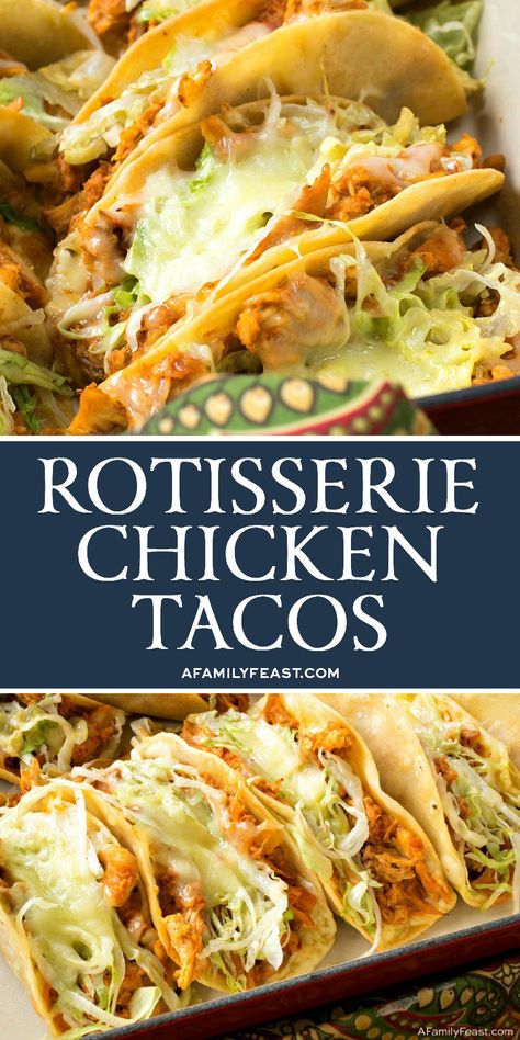 These Easy Rotisserie Chicken Tacos are a quick and delicious weeknight meal, and a great way to feed a crowd at your next game day party. Tacos Dinner, Happy Chickens, Rotisserie Chicken Tacos, Tacos Chicken, Game Day Party, Chicken Taco Recipes, Taco Pizza, Yummy Chicken, Chicken Easy