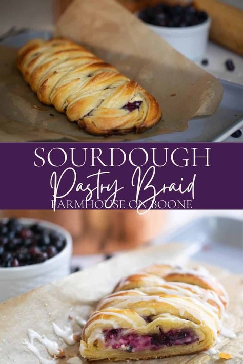 Sourdough pastry braids is a delicious sourdough puff pastry with a cream cheese and fruit filling that is baked until golden to create a beautiful bread that is perfect for special occasions. #farmhouseonboone #sourdoughpastrybraid #pastrybraid #Sourdougubutterbraid Sourdough Pastry Recipe, What To Make With Discarded Sourdough Starter, Sourdough Bear Claws, Recipe For Sourdough Discard, Different Kinds Of Sourdough Bread, Dinner Ideas With Sourdough Bread, Sourdough Butter Braid, Sourdough Bread Additions, Sourdough Recipes Breakfast