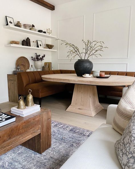 Arhaus on Instagram: “With neutral tones and earthy decor, @jaci.daily never disappoints! Design Tip: Utilize shelves to display unique decor to add a touch of…” Banquette Not Against Wall, Jaci Daily, Corner Dining Table, Banquette Dining, Interior Design Dining Room, Dining Room Interiors, Banquette Seating, Oval Table Dining, Dining Nook