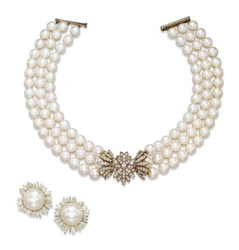 A CULTURED PEARL AND DIAMOND NECKLACE AND EARCLIPS | unmounted, cultured pearl | Christie's Diamond Pearl Necklace Set, Graff Diamonds, Natural Pearl Jewelry, Indian Wedding Jewelry Sets, Tiffany And Co Necklace, Pearl And Diamond Necklace, Pearl Necklace Set, Cultured Pearl Necklace, Necklace Diamond