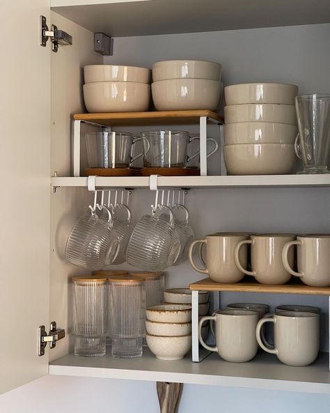 KATIE PEAKE HOME INTERIORS | Nothing more satisfying than organised cupboards 🫶🏻☕️🍽️ . . Cupboard organisation, home organisation, kitchen cupboards . . #cupboard… | Instagram Kitchen Organisation Cupboard, Cup Cupboard Organization, Organized Kitchen Cupboards, Kitchen Cabinet Organization Aesthetic, Cute Kitchen Organization, Future Home Kitchen, Household Items Aesthetic, Organized Kitchen Cabinets Cupboards, Kitchen Cupboard Organiser