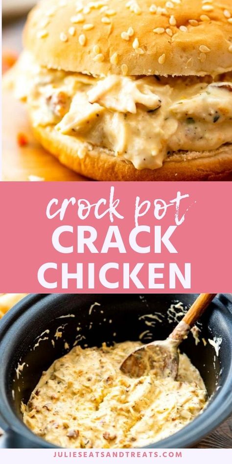 Crack Chicken is a delicious combination of shredded chicken, cream cheese, Ranch seasoning, cheese and bacon! It's slow cooked in your crock pot and is the perfect quick and easy sandwich filling for busy weeknight meals or quick lunches. #crack #chicken Crock Pot Chicken Ranch Cream Cheese, Croc Pot Shredded Chicken, Easy Crock Pot Lunch Ideas, Crock Pot Cream Cheese Recipes, Cheesy Chicken Sandwiches Crockpot, Chicken Cream Cheese Ranch Crock Pot, Crockpot Cheesy Chicken Sandwiches, Creamy Shredded Chicken Crockpot, Crackin Chicken Crockpot