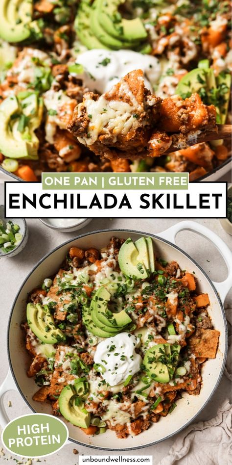 Ground Beef Enchilada Skillet {Paleo, Gluten-free} - Unbound Wellness Gluten Free Steak Dinner, Beef Recipes Gluten Free Dairy Free, Clean Eating Hamburger Meat Recipes, One Pot Paleo Recipes, Healthy Fall Ground Beef Recipes, Paleo Skillet Meals, Low Gluten Meals, Family Paleo Dinner Ideas, Easy Dinner With Ground Beef Healthy