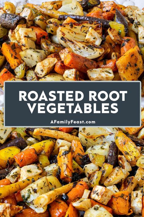 Roasted Root Vegetables - A Family Feast Root Vegetables Recipes, Recipes Veggie, Roasted Root Veggies, Thanksgiving Vegetables, Drink Healthy, Roasted Vegetable Recipes, Root Veggies, Roasted Root Vegetables, Healthy Thanksgiving