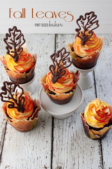 Pint Sized Baker: Fall Leaves Cupcakes Leaves Cupcakes, Chocolate Leaves, Thanksgiving Cupcakes, Cupcake Videos, Orange Frosting, Fall Cupcakes, Thanksgiving Cakes, Autumn Party, Thanksgiving Treats