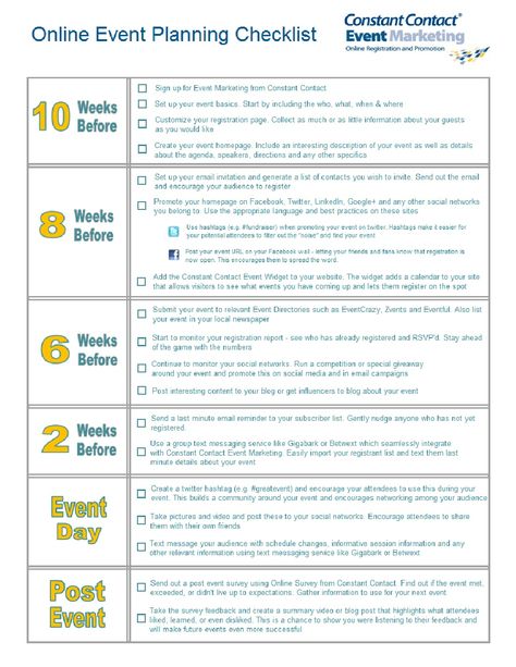 online-event-planning-checklist by Constant Contact Event Marketing via Slideshare Bingo Fundraiser, Event Planning Checklist Templates, Event Checklist, Event Planning Timeline, Festival Planning, Conference Planning, Event Planning Worksheet, Planning School, Event Planning Organization