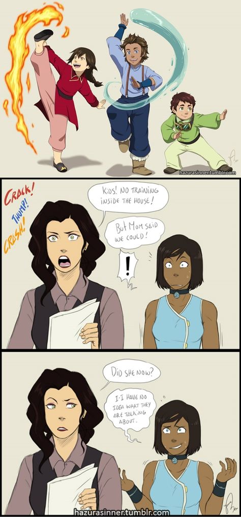 korrasami kids | The Korrasami Kids Are Back! | Avatar: The Last Airbender / The Legend ... Korra X Asami, Korra Comic, Atla Memes, Avatar Legend Of Aang, Avatar The Last Airbender Funny, Avatar Funny, Avatar Series, Korra Avatar, The Last Avatar