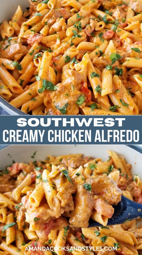 Southwest Chicken Alfredo – Creamy and delicious southwest style chicken pasta is the perfect easy dinner recipe. Made with seasoned pan seared chicken, onions, garlic and penne pasta tossed in a mouthwatering southwest style cream sauce. Easy Cheap Dinners For College Students, Mexican Chicken Alfredo Pasta, South Western Pasta, Southwest Ranch Chicken Pasta Crockpot, Red Robin Southwest Chicken Pasta, One Pot Southwest Pasta, Creamy Southwest Chicken Alfredo, Southwestern Chicken Alfredo, Southwestern Chicken Recipes