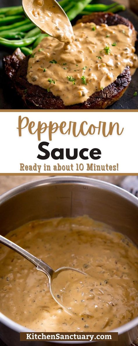 Peppercorn Sauce For Steak, Peper Steak, Pepper Sauce For Steak, Peppercorn Sauce Recipe, Creamy Peppercorn Sauce, Steak Sauce Recipes, Kitchen Sanctuary, Pepper Sauce Recipe, Sauce Au Poivre