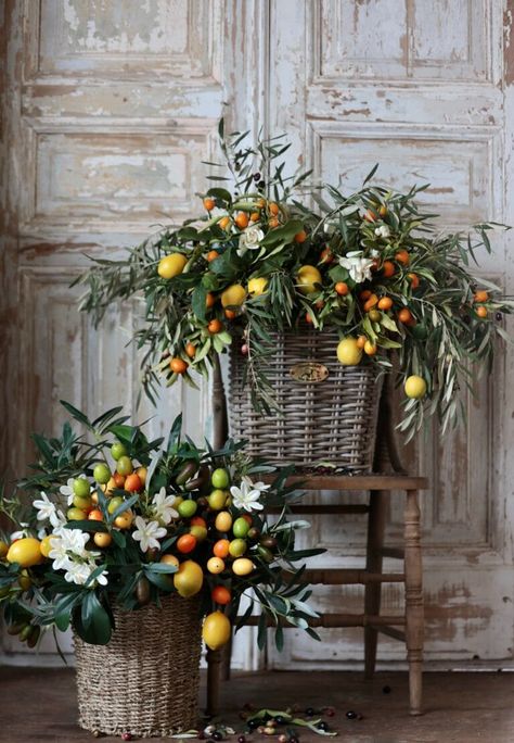 How to decorate your front door with Citrus & Olive for spring - French Country Cottage Hanging Basket Decor, Front Door Baskets, Basket Centerpieces, Traditional Wreath, Christmas In July Sale, French Country Cottage, Beautiful Centerpieces, Spring Inspiration, Olive Branch