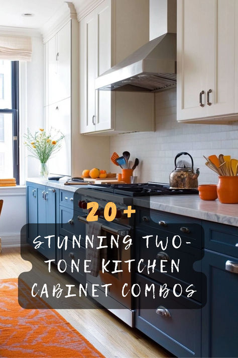 Ready to elevate your kitchen design? These 20 two-tone kitchen cabinet color combinations are perfect for adding style and contrast. From modern neutrals to bold pops of color, find the perfect pairing for your space. Tap to see all the stunning ideas 🏡🎨. #KitchenCabinets #TwoToneDesign #HomeInspo Dark Bottom White Top Cabinets, Countertop Upper Cabinets, Two Tone Kitchen Cabinets Oak, Mixing Cabinet Colors, Wood And Color Cabinets, Two Tone Kitchen Cabinets Brown And White, Style Of Kitchen Cabinets, Two Toned Galley Kitchen Cabinets, Upper And Lower Kitchen Cabinets Painted Different Colors