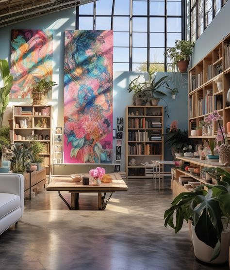 Art Loft Artist Studios, Loft Apartment Art Studio, Art Studio Apartment Aesthetic, Cool Loft Apartments, Art Studio With Couch, Art Studio Windows, Art Studio In House, Artist Loft Aesthetic, Artist Apartment Aesthetic