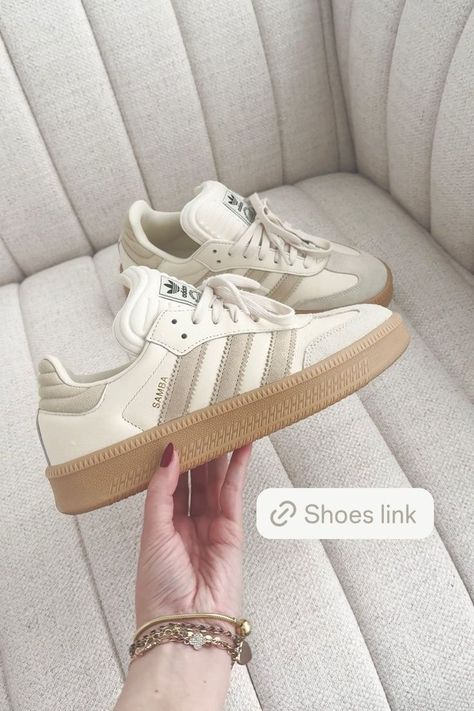 These classic and stylish Adidas sneakers are a must-have shoe for any wardrobe! The neutral color can be styled with so many outfits and they are perfect shoe for chic everyday outfits. Tap to shop! My Shoes Aesthetic, Adidas Samba Tan, Beige Shoes Outfit Sneakers, Adidas Beige Sneakers, Sneakers For Women Outfit, Neutral Colors Outfits, Styling Sambas, Creme Shoes, Beige Shoes Outfit