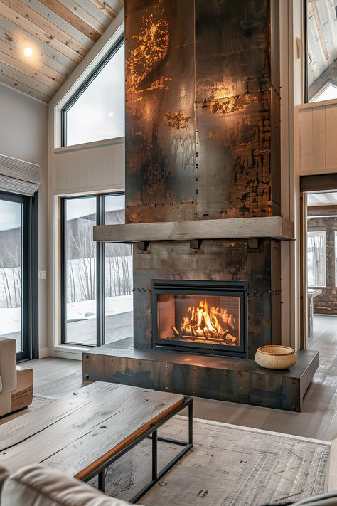 40 Creative Farmhouse Fireplace Ideas for Unique Home Designs Fire Places Ideas Living Room Free Standing, Metal And Stone Fireplace, Modern Natural Gas Fireplace, 2 Way Fireplace Indoor, Fireplace Raised Off Floor, Modern Lodge Fireplace, Two Story Corner Fireplace Ideas, Walk Around Fireplace, Old World Fireplace Ideas