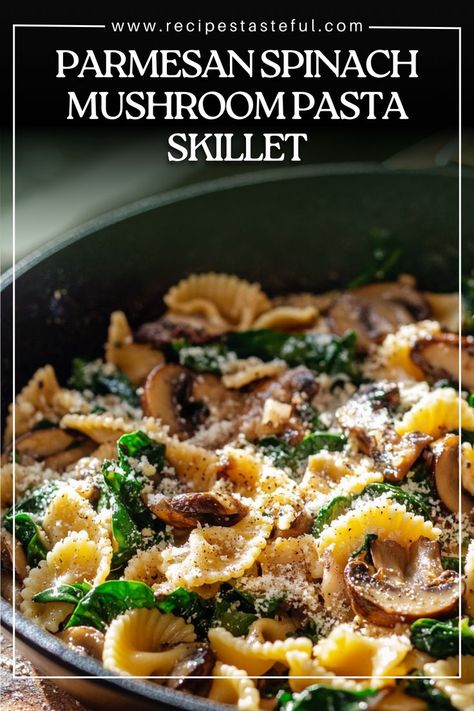 This creamy and flavorful pasta dish features sautéed mushrooms, fresh spinach, and a generous sprinkle of Parmesan cheese, all combined in one skillet for a quick and satisfying meal. Bow Pasta Recipes, Parmesan Spinach Mushroom Pasta Skillet, Raw Vegetables Recipes, Mushroom Parmesan, Parmesan Spinach, Spinach Mushroom Pasta, Pasta Skillet, Sautéed Mushrooms, Spinach Mushroom