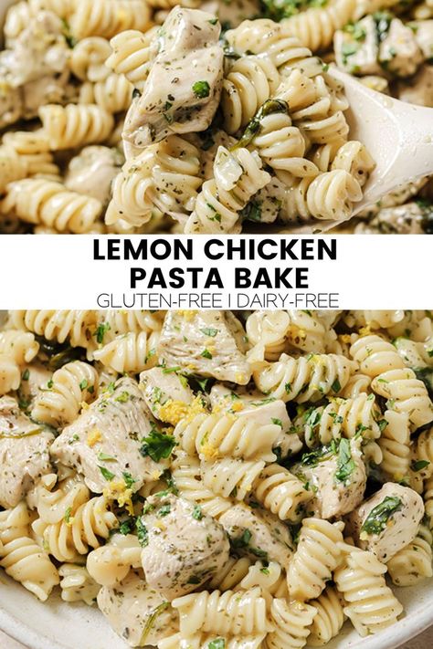 This lemon chicken pasta bake is the perfect one pan meal for busy nights! It’s gluten-free and is made with a dairy free creamy lemon sauce. Lemon Pepper Chicken Pasta, Dairy Free Pasta Recipes, Gluten Free Dairy Free Dinner, Creamy Lemon Sauce, Italian Chicken Pasta, Lemon Chicken Pasta, Lemon Garlic Pasta, Dairy Free Pasta, One Pan Meal