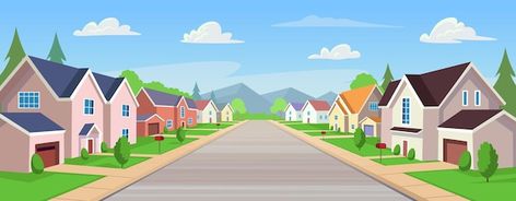 Vector suburban houses street with cotta... | Premium Vector #Freepik #vector #town-house #suburban #neighborhood #suburb Neighborhood Background, Suburban Houses, Town Background, Suburban Neighborhood, Suburban House, Street House, 2d Character, Cartoon Background, Green Trees