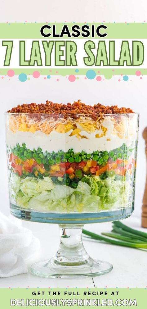 Nothing beats the Classic 7 Layer Salad! Packed with textures and flavors, it's an easy Thanksgiving side dish everyone will love. Put this layered salad recipe on your Thanksgiving dinner party menu! Easy 7 Layer Salad, Layered Salad With Peas, 7 Layer Salad, Layer Salad, Seven Layer Salad, Layered Salad Recipes, Christmas Side, Thanksgiving Dinner Party, Thanksgiving Side Dish