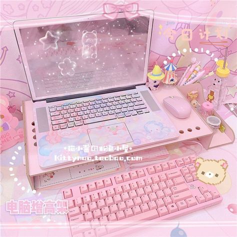 Laptop Cute Accessories, Pink Laptop Aesthetic, Kawaii Electronics, Kawaii Laptop, Desk Organisation, Fantasy Items, Pink Paradise, Pink Laptop, Two Flowers